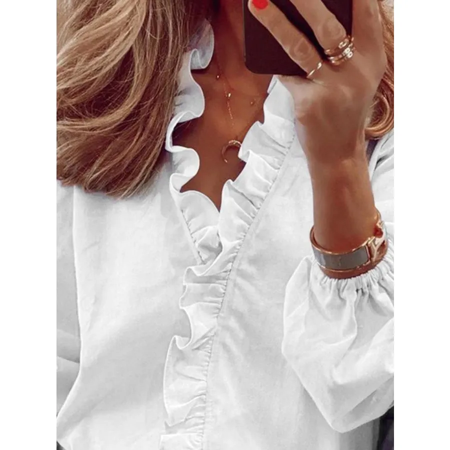 Full Size Ruffled V-Neck Long Sleeve Blouse