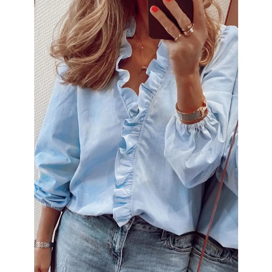 Full Size Ruffled V-Neck Long Sleeve Blouse