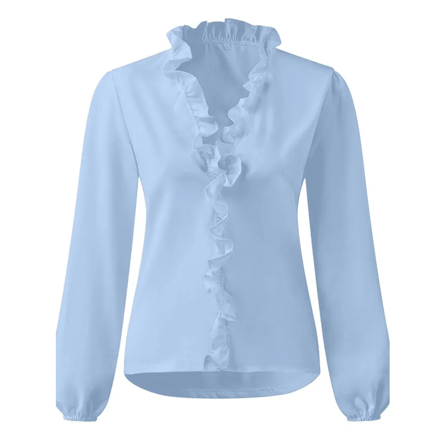 Full Size Ruffled V-Neck Long Sleeve Blouse