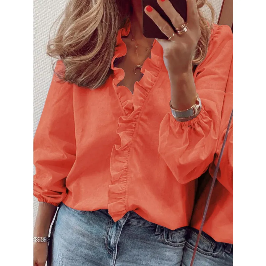 Full Size Ruffled V-Neck Long Sleeve Blouse