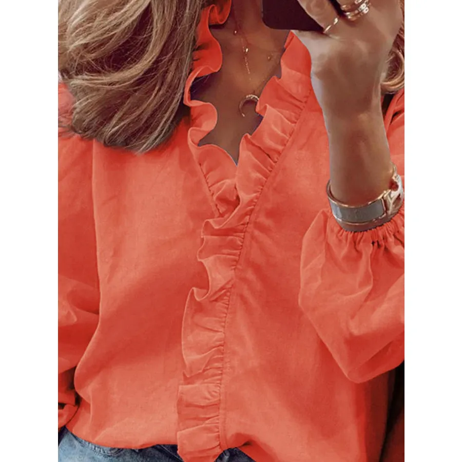 Full Size Ruffled V-Neck Long Sleeve Blouse