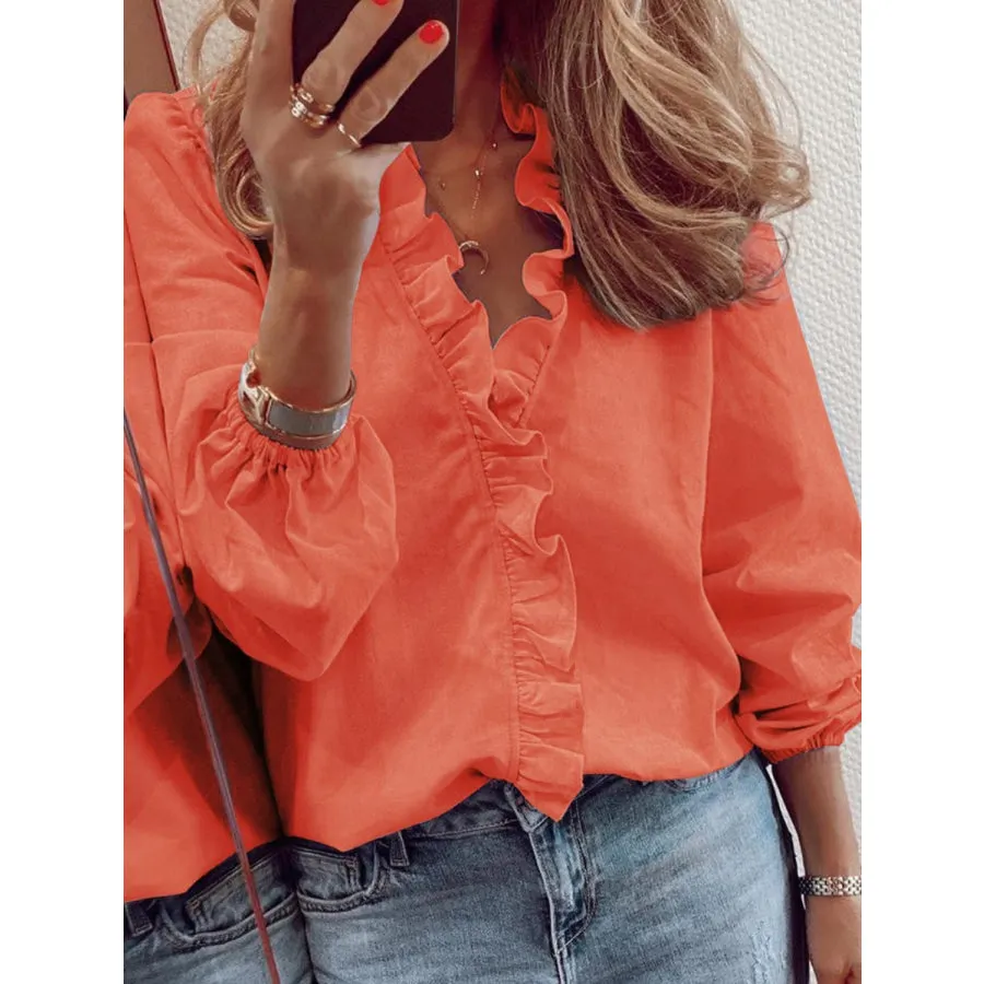 Full Size Ruffled V-Neck Long Sleeve Blouse