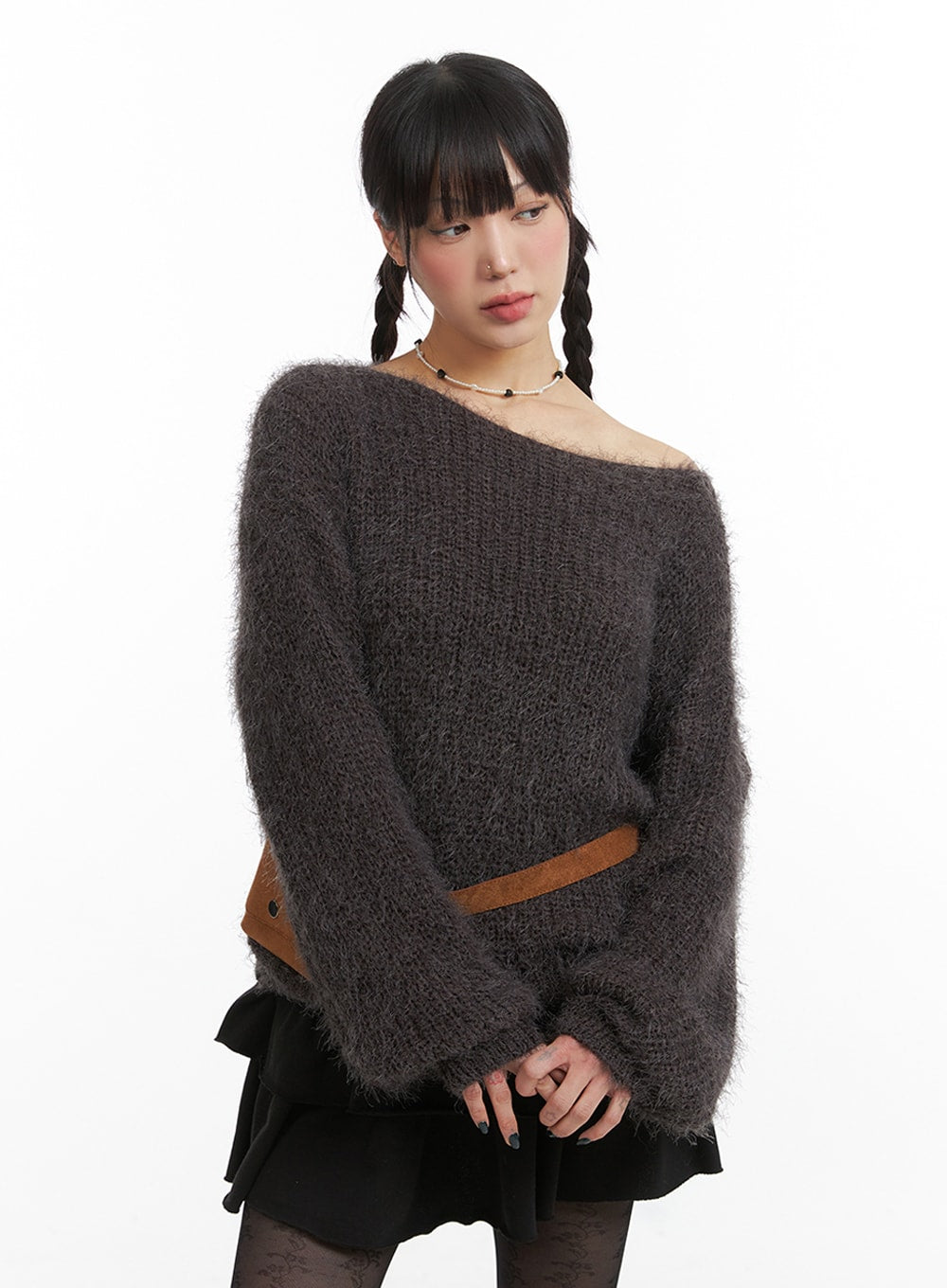 Fuzzy Boat Neck Knit Sweater IJ410