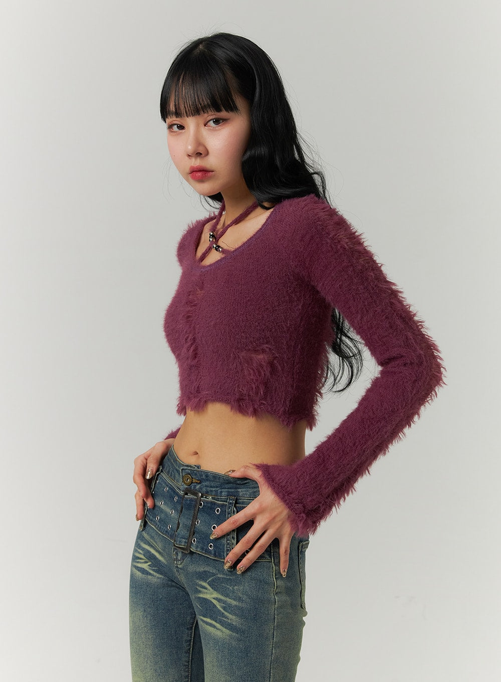 Fuzzy Ripped Crop Sweater CJ419