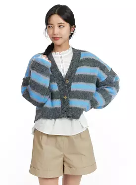 Fuzzy Stripe V-Neck Crop Cardigan OF419