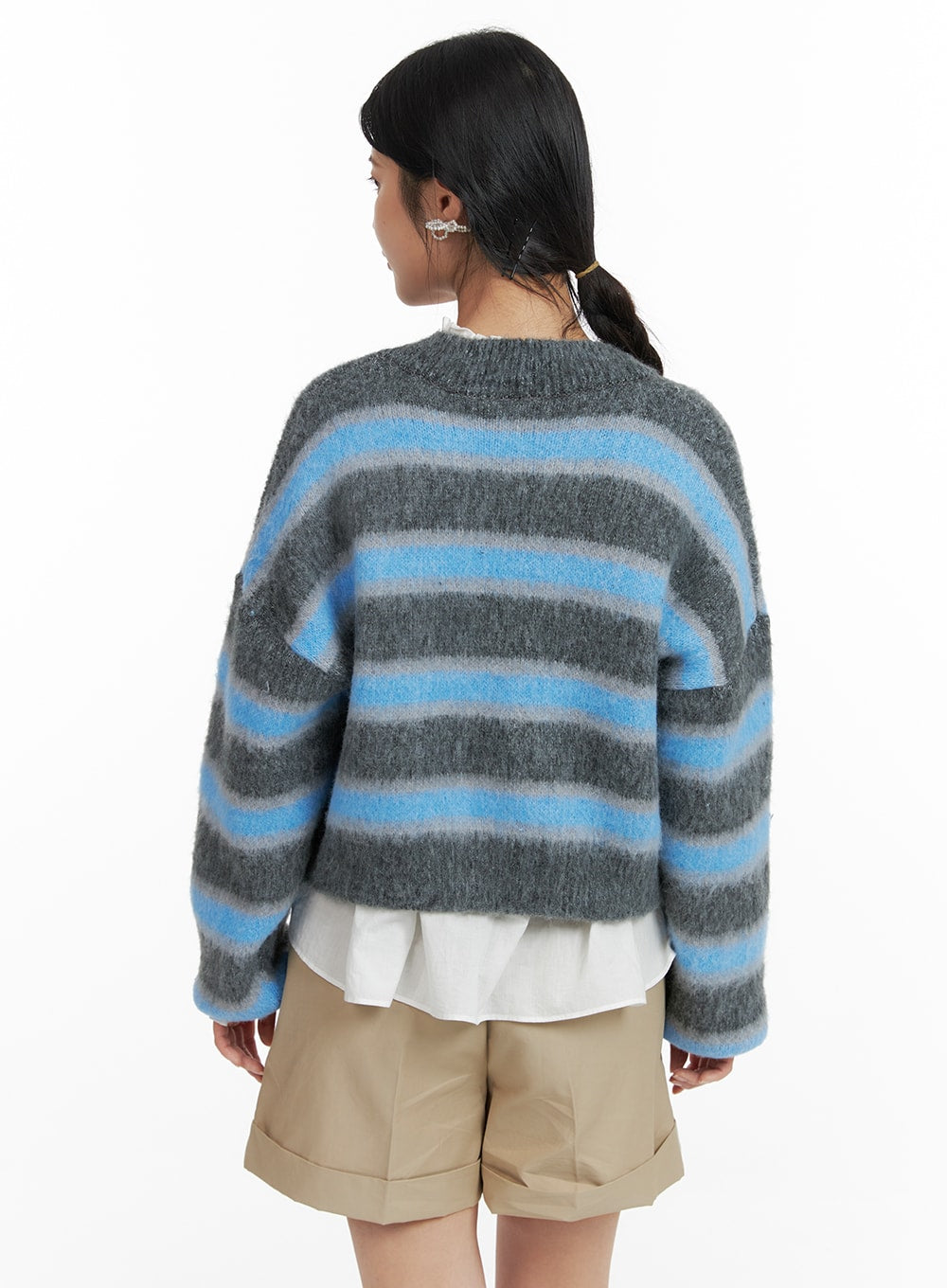 Fuzzy Stripe V-Neck Crop Cardigan OF419