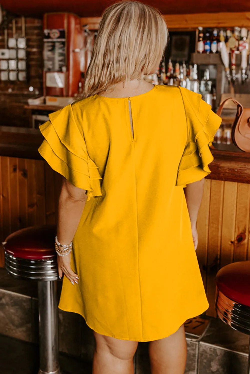 Grapefruit Orange Tiered Ruffled Sleeve Plus Size Mini Dress