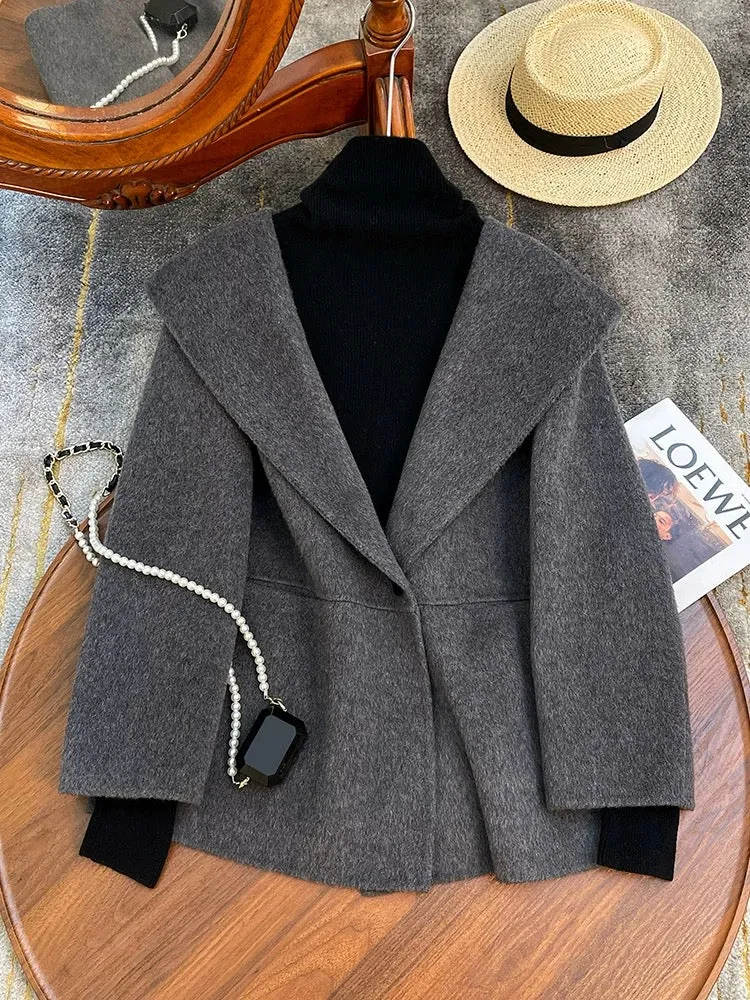 Gray hooded double-sided woolen woolen coat for women autumn and winter 2024 high-end small short woolen coat