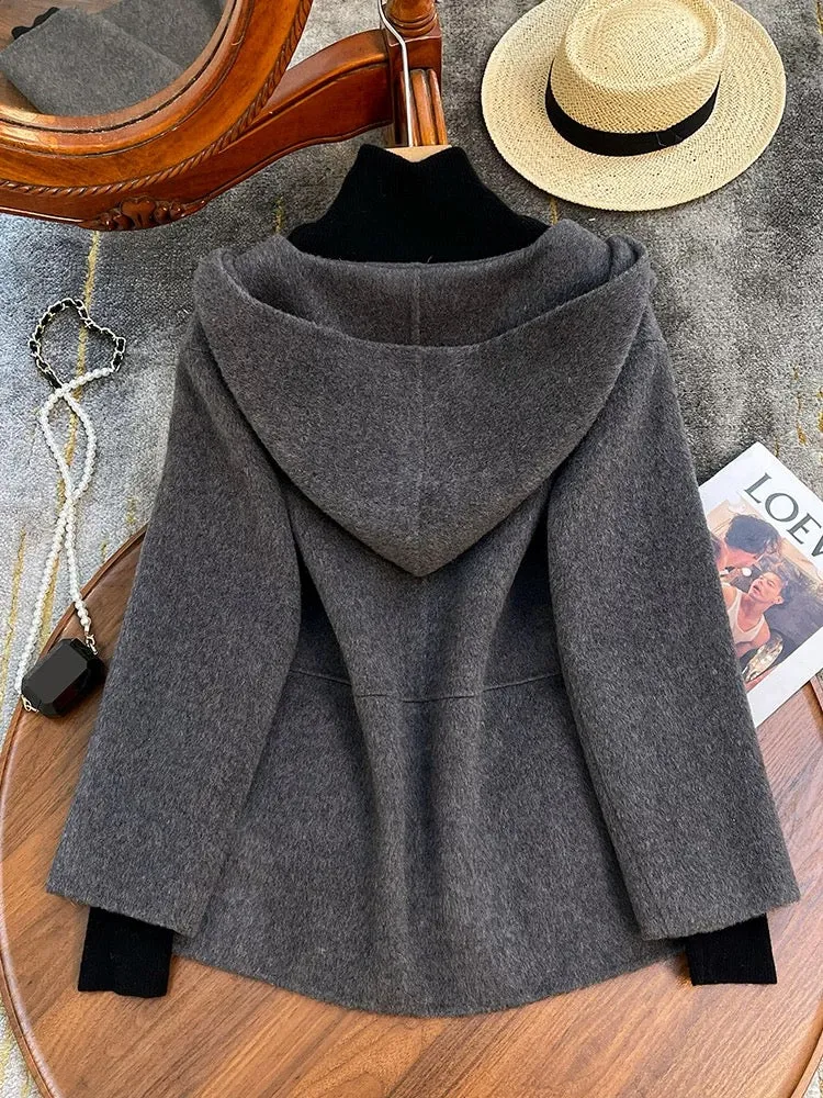 Gray hooded double-sided woolen woolen coat for women autumn and winter 2024 high-end small short woolen coat