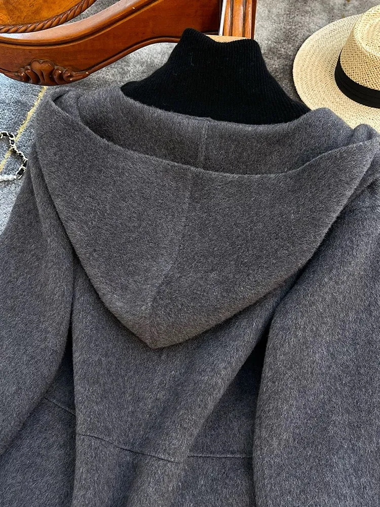 Gray hooded double-sided woolen woolen coat for women autumn and winter 2024 high-end small short woolen coat