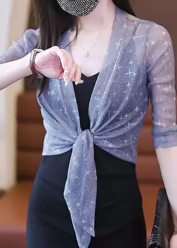 Grey Lace Up Tulle Thin Cardigan V Neck Half Sleeve AS1060