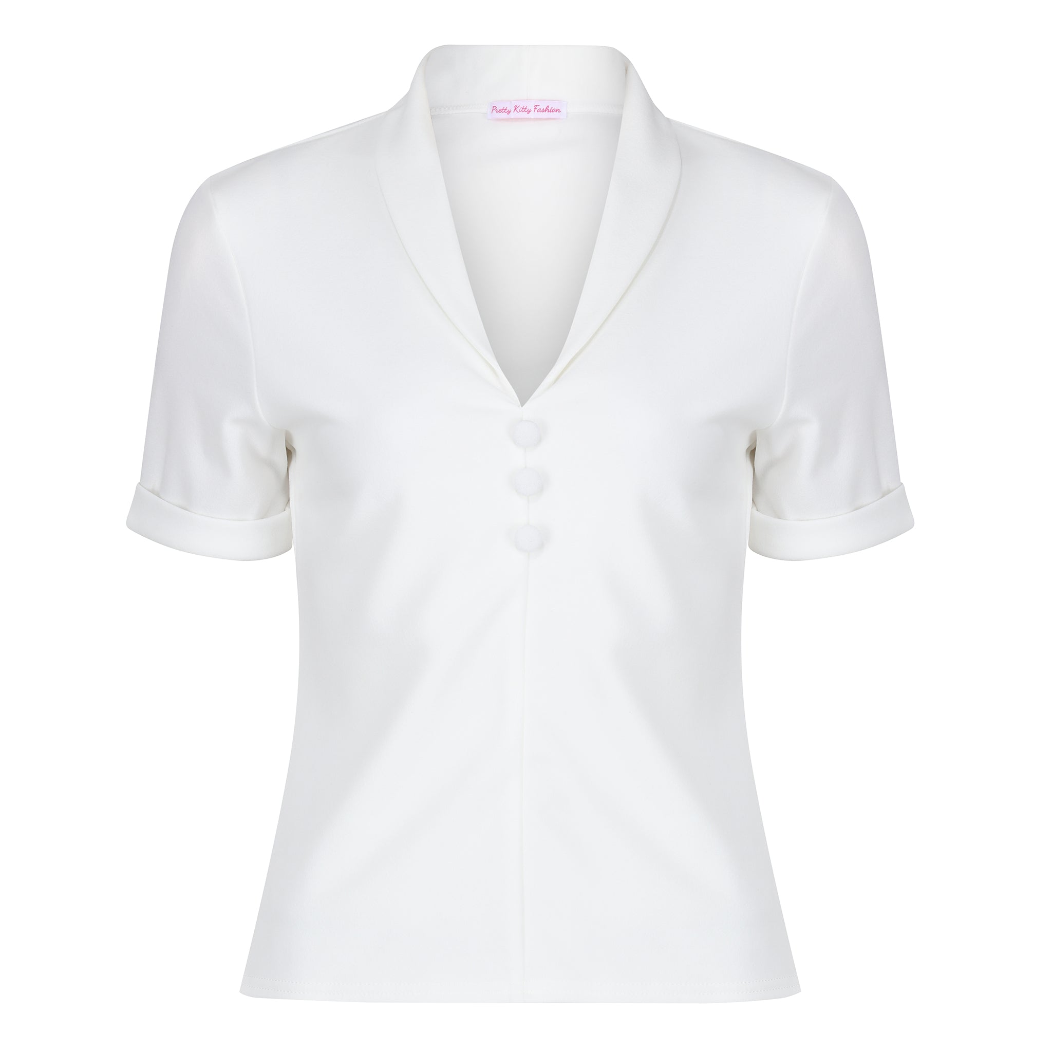 Ivory Button-down Short Sleeve Blouse with V-neck Collar