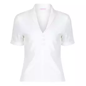 Ivory Button-down Short Sleeve Blouse with V-neck Collar