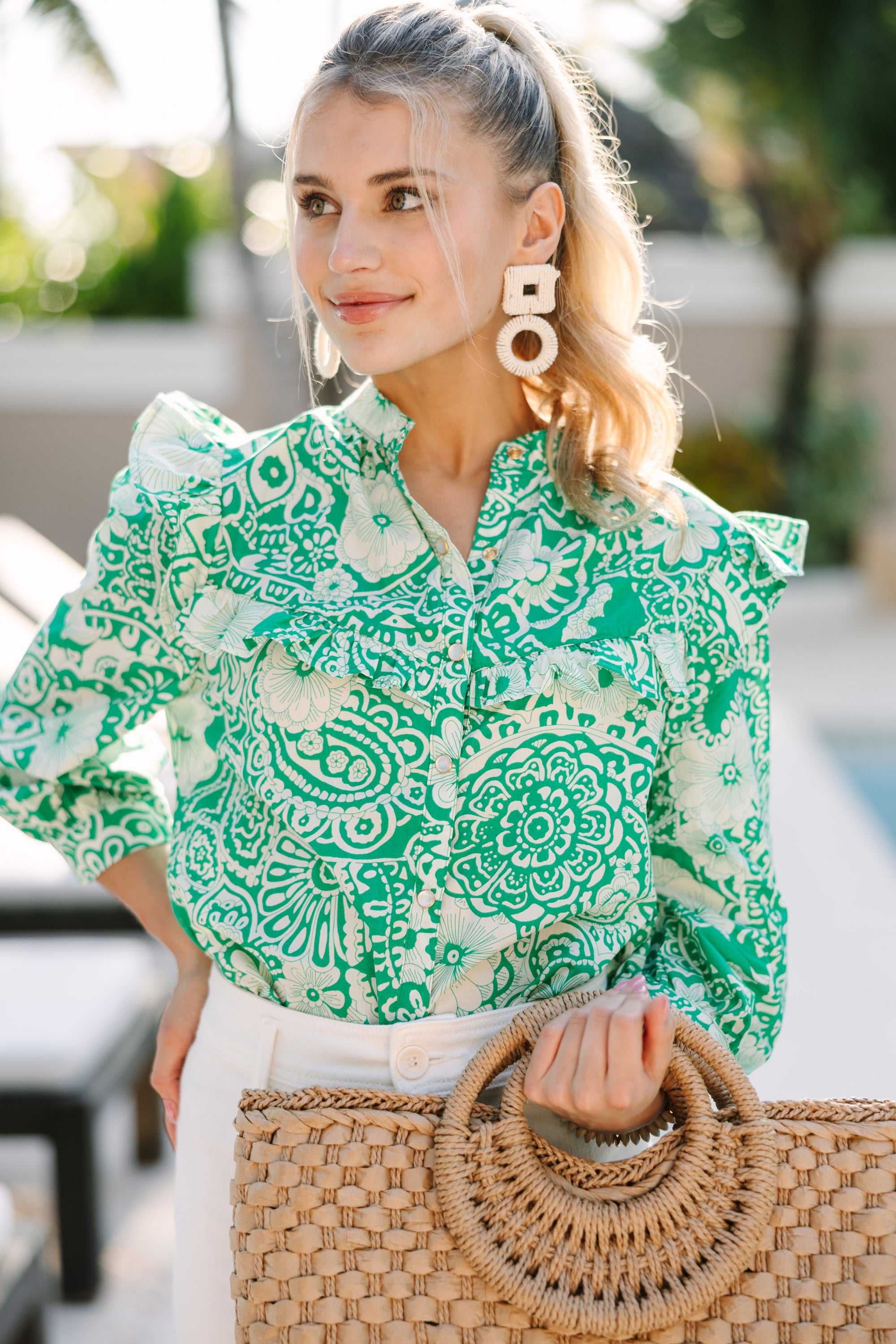 Keep It Up Green Floral Ruffled Blouse