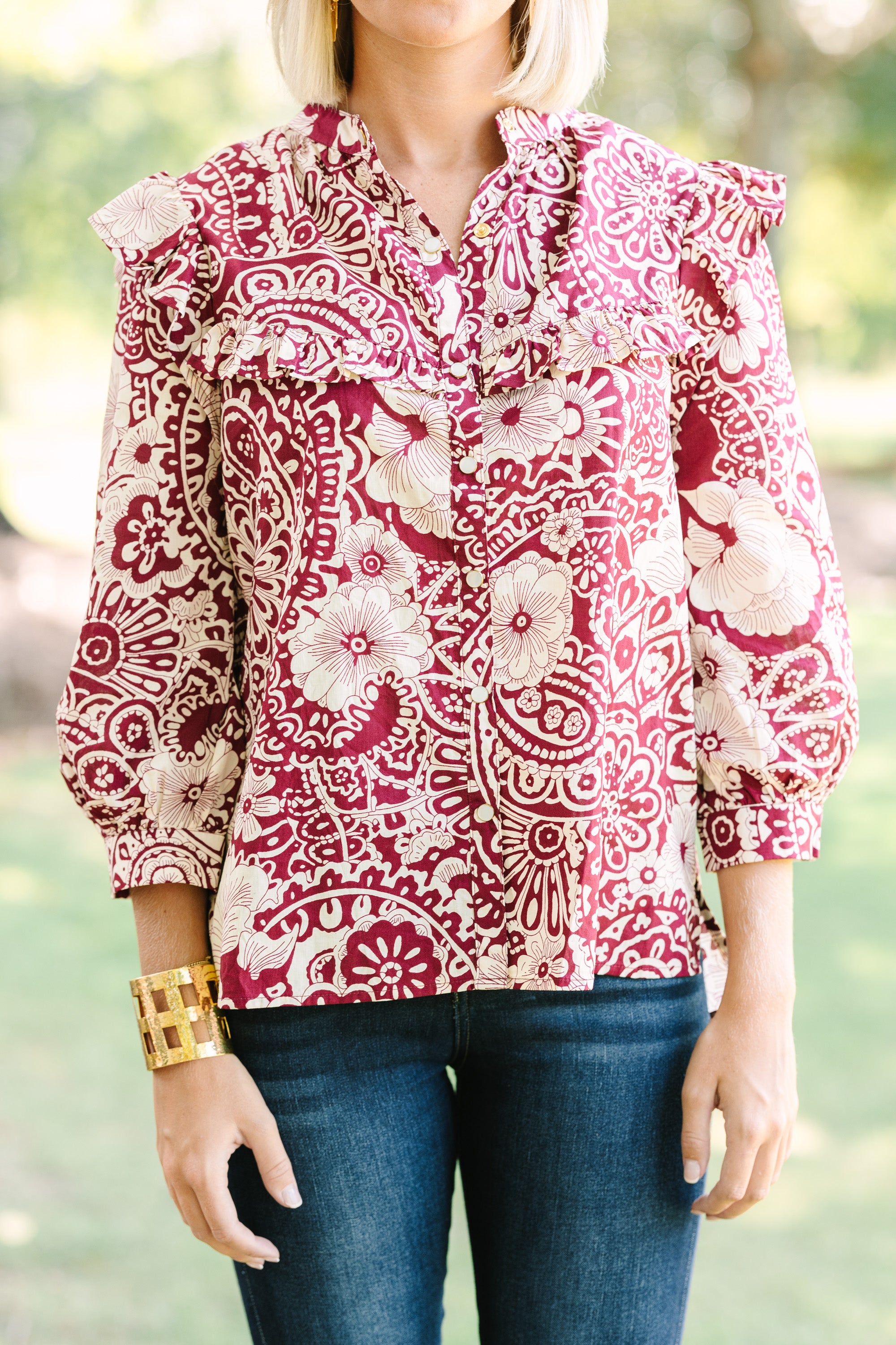 Keep It Up Sangria Red Floral Ruffled Blouse