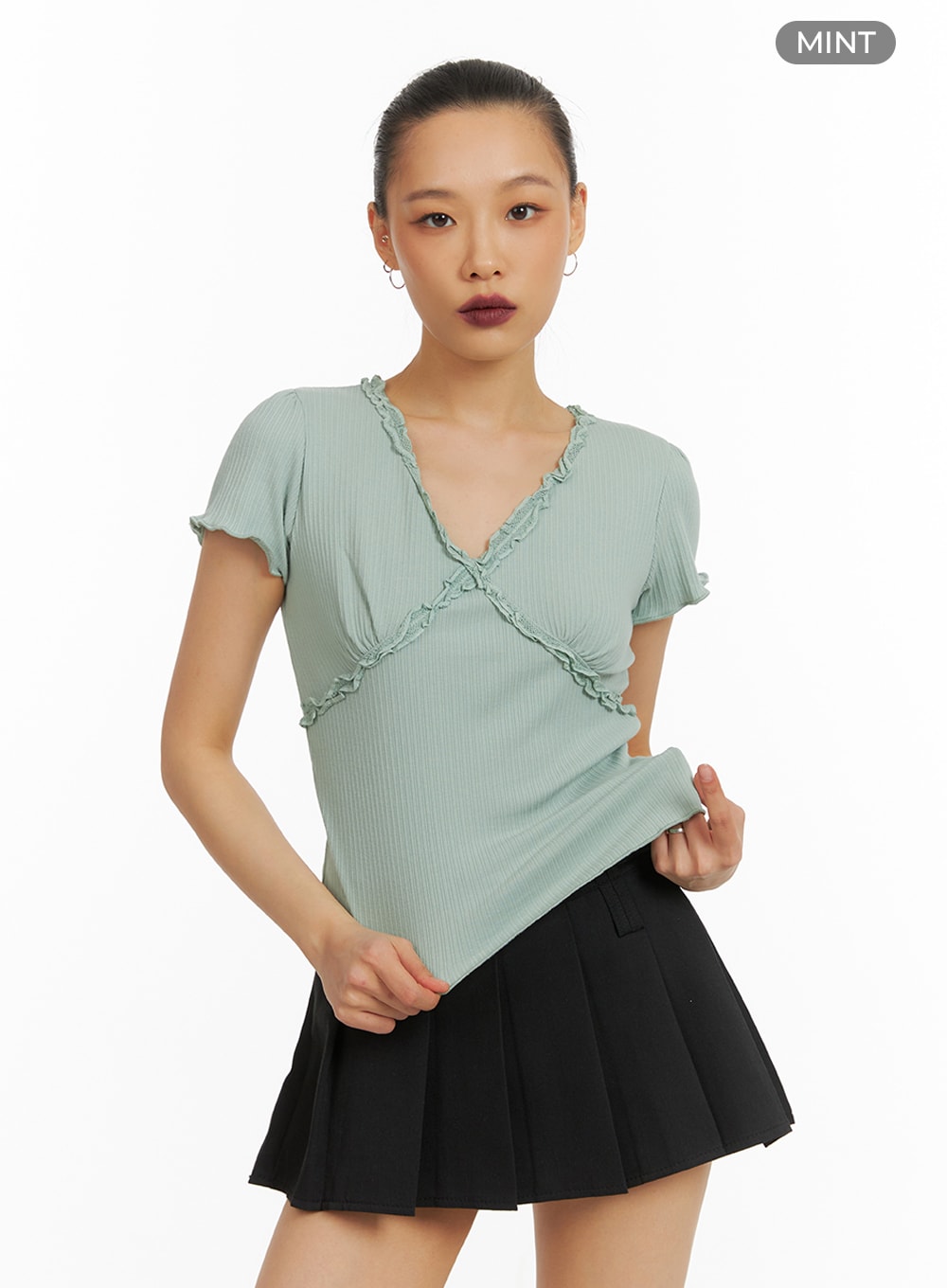 Lace V-Neck Short Sleeve Top IA417