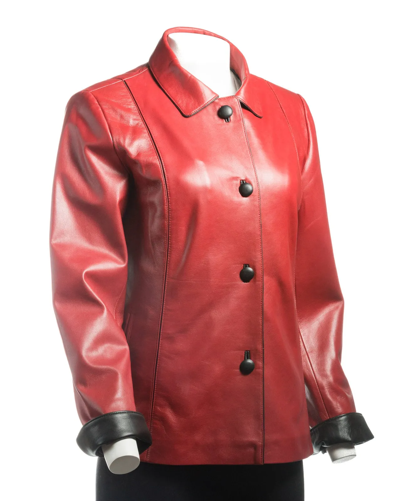 Ladies Red Contrast Buttoned Leather Jacket: Cassandra