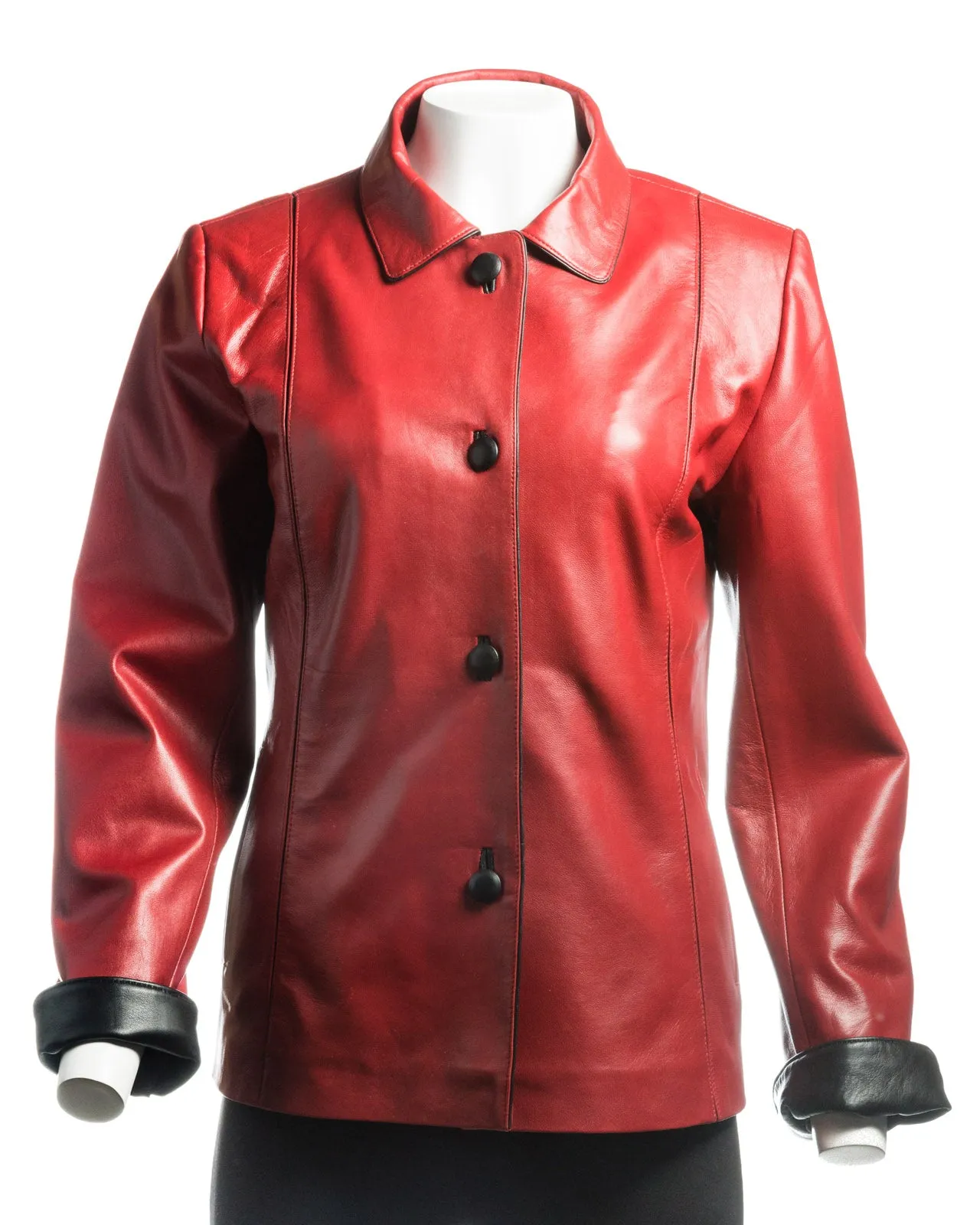 Ladies Red Contrast Buttoned Leather Jacket: Cassandra