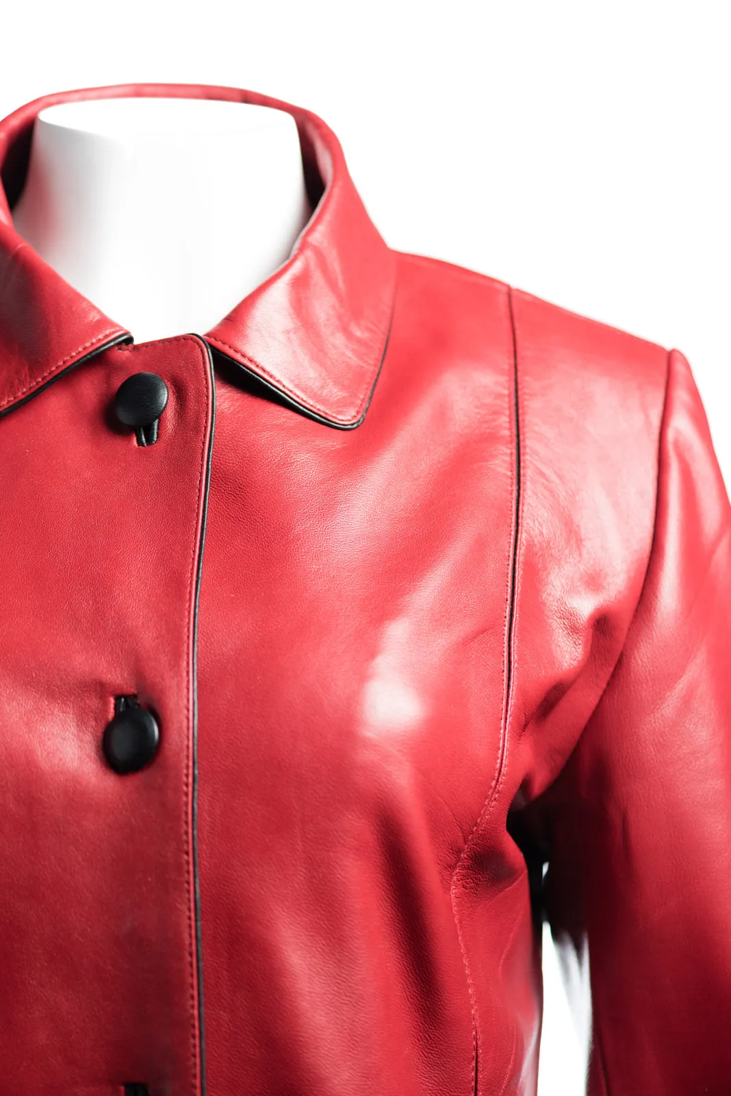 Ladies Red Contrast Buttoned Leather Jacket: Cassandra