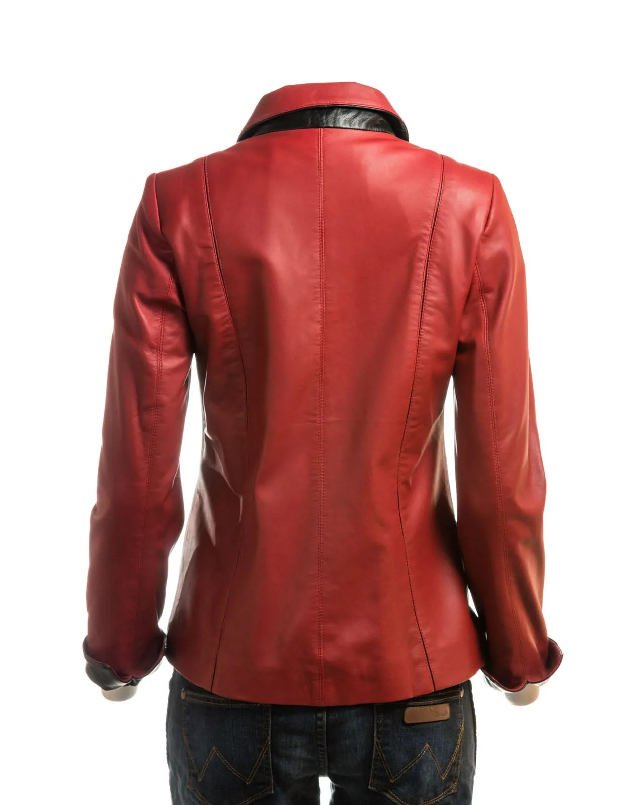 Ladies Red Contrast Buttoned Leather Jacket: Cassandra