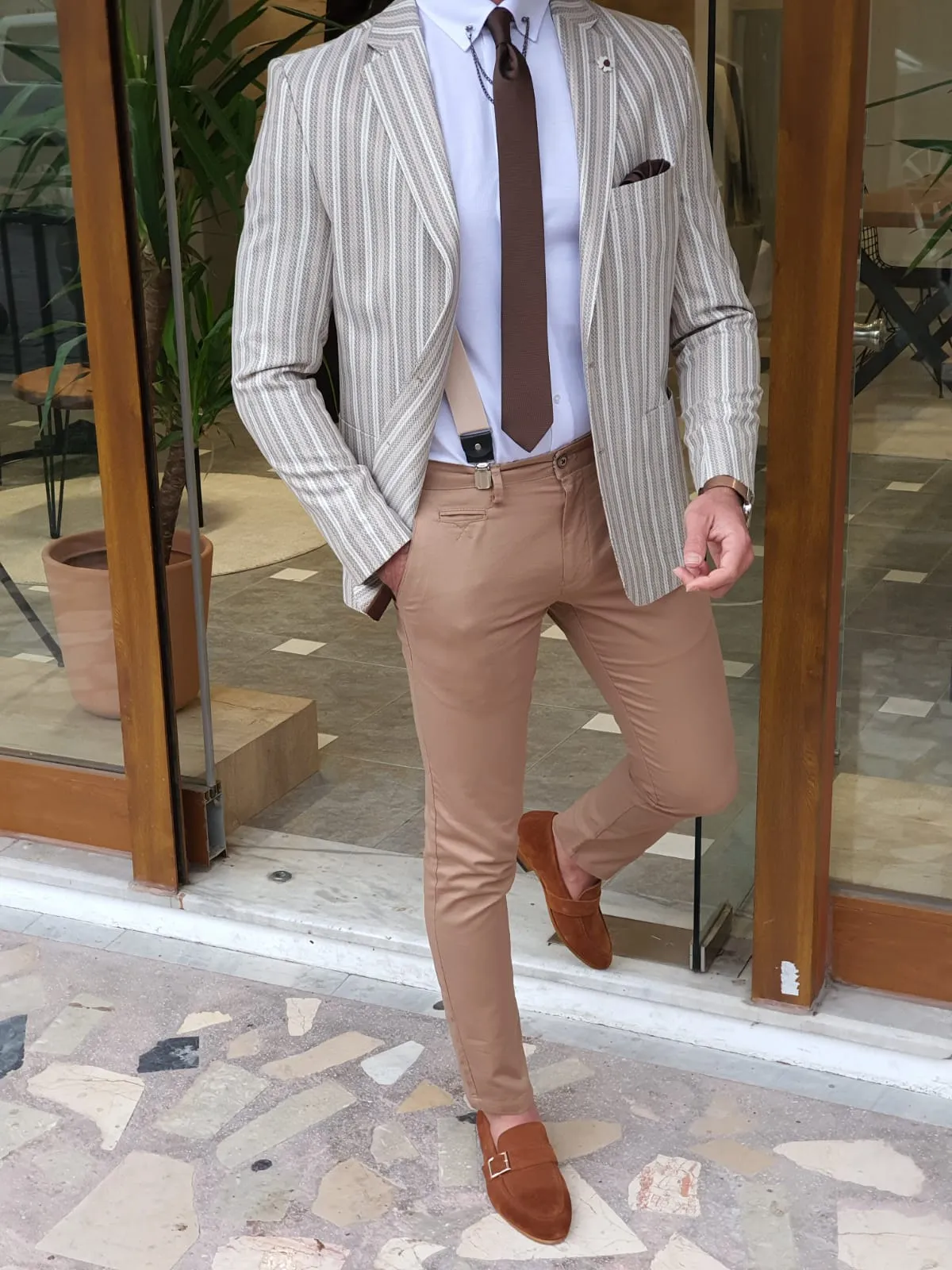 Larna White Slim Fit Striped Blazer