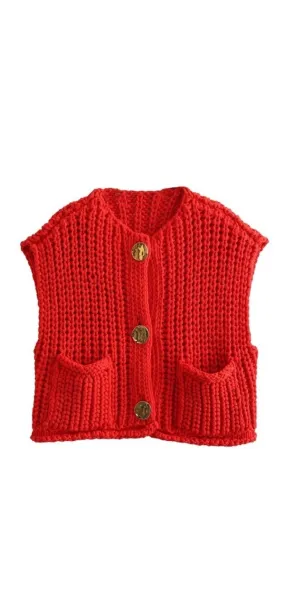 Leigh Red Knit Sleeveless Sweater Vest