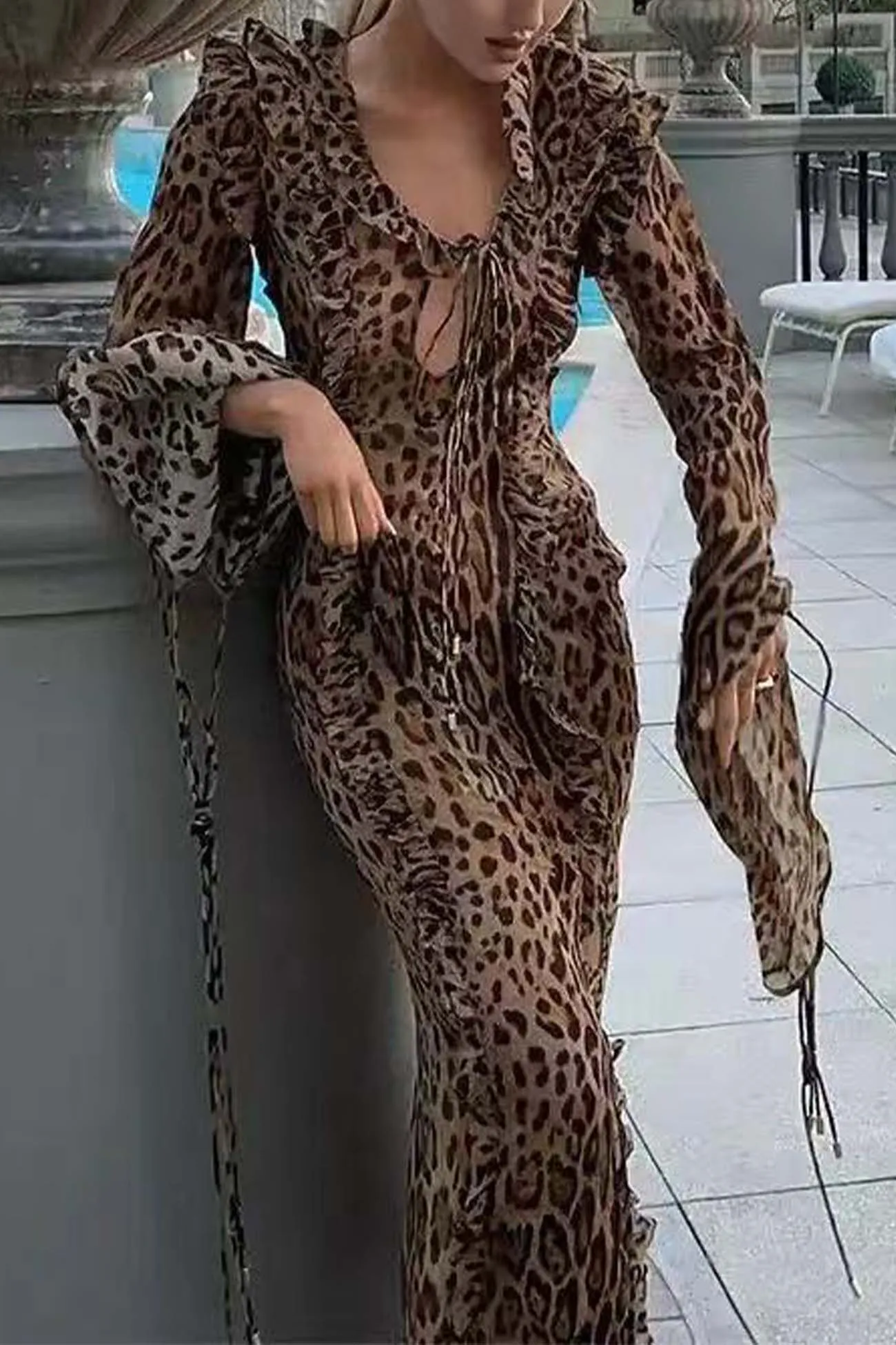 Leopard Print Ruffled Slit Long Sleeve Dress