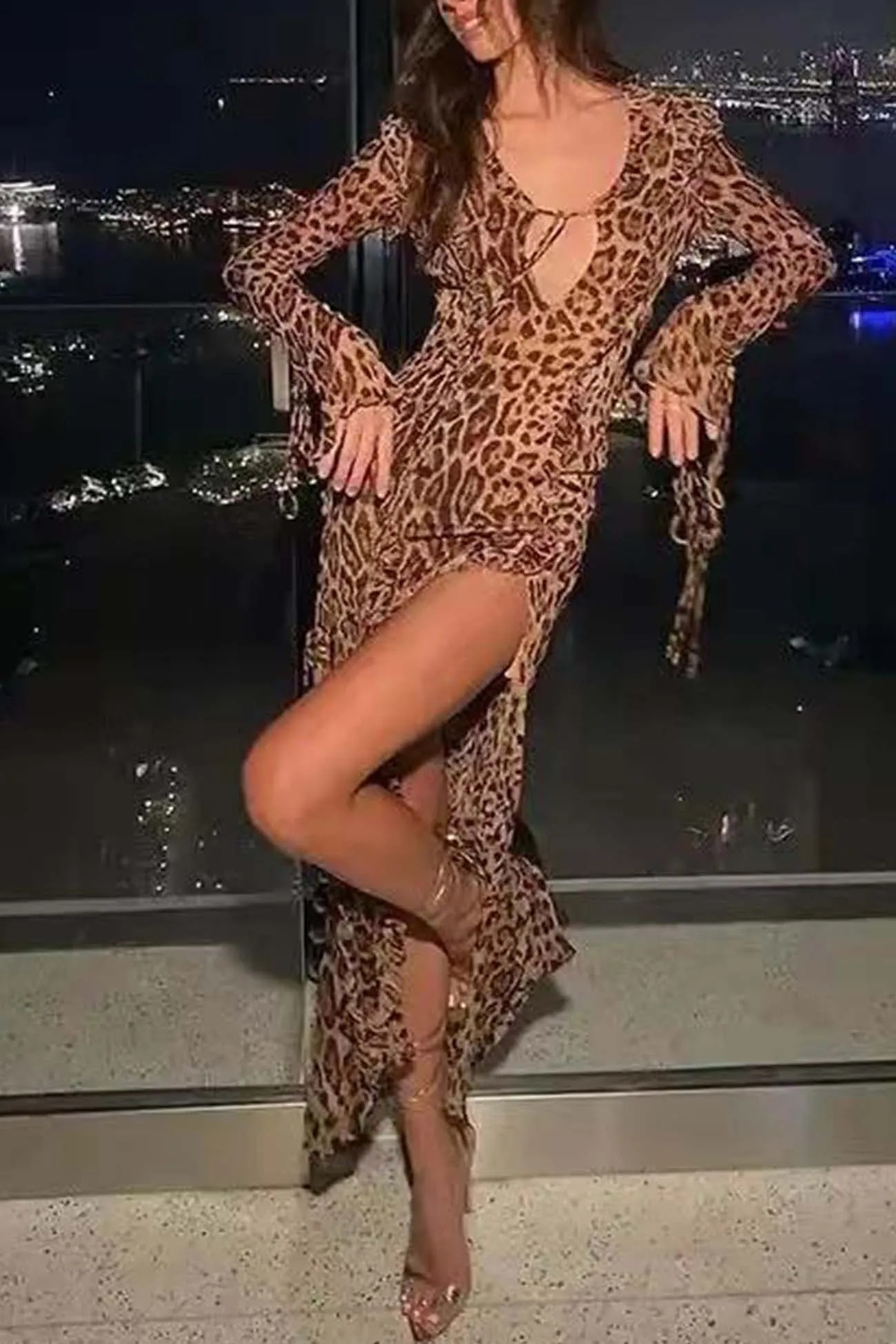 Leopard Print Ruffled Slit Long Sleeve Dress