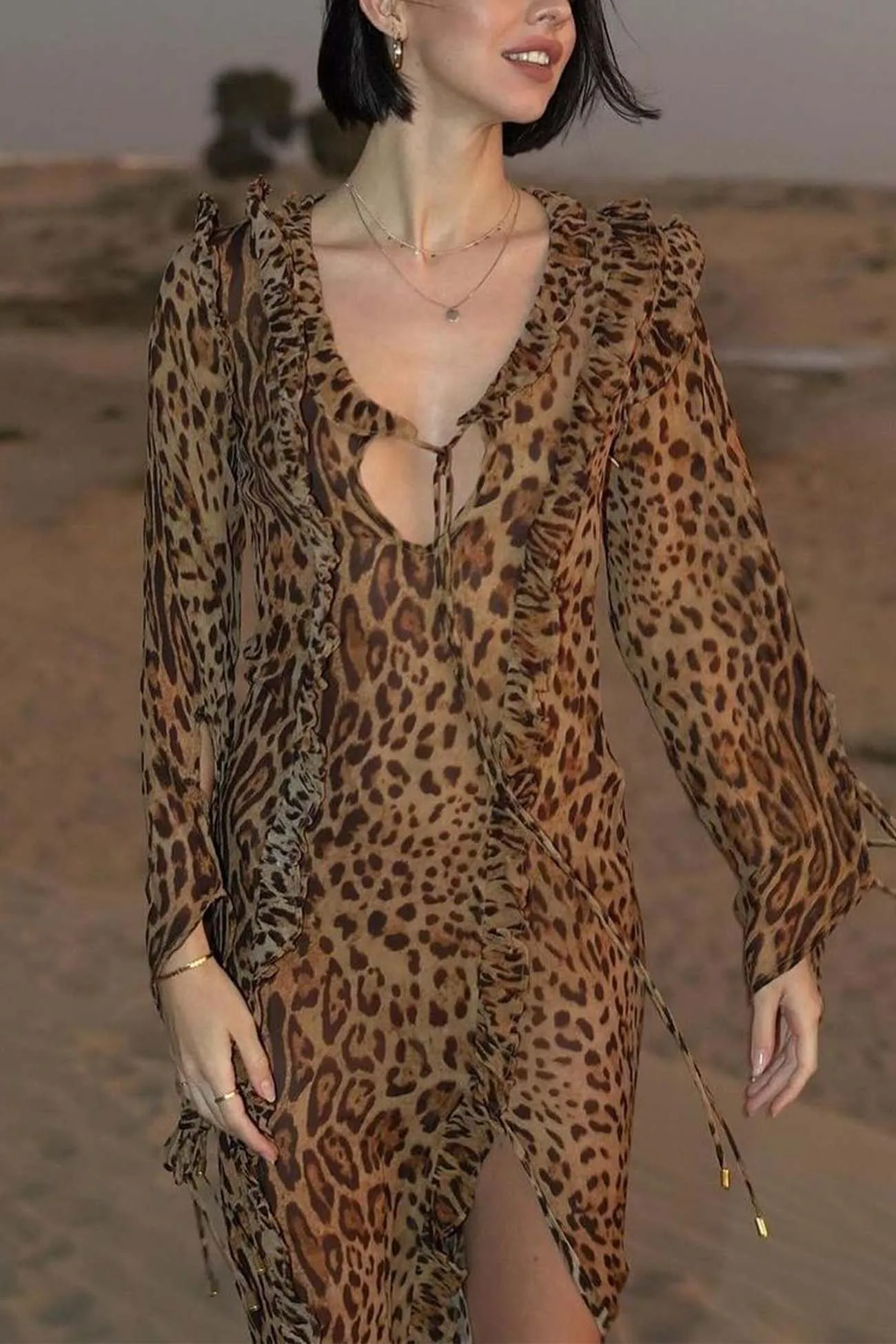 Leopard Print Ruffled Slit Long Sleeve Dress