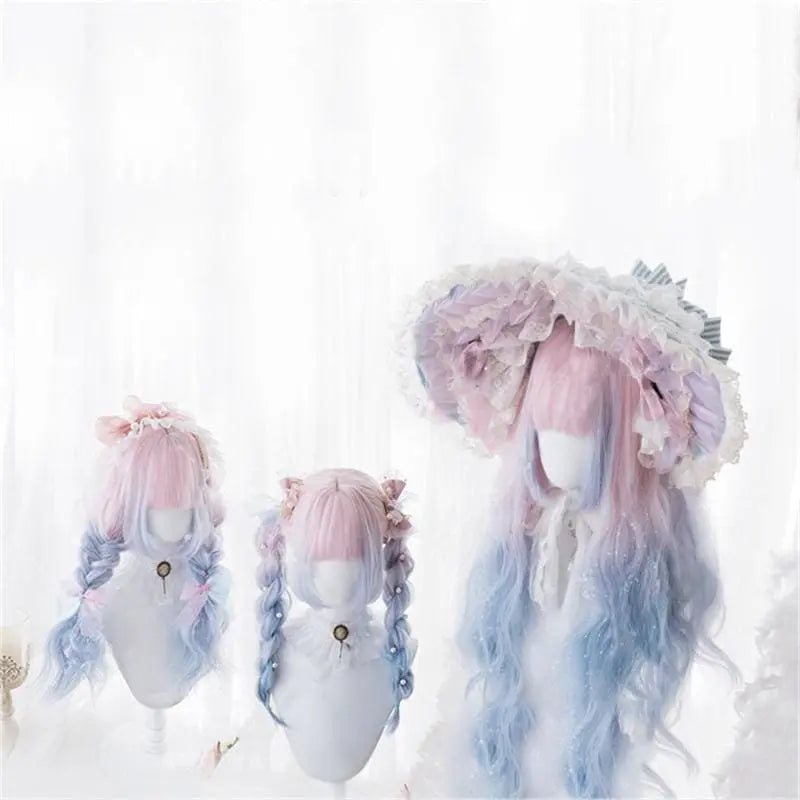 Lolita Pink Blue Gradient Long Curly Wig MK15369