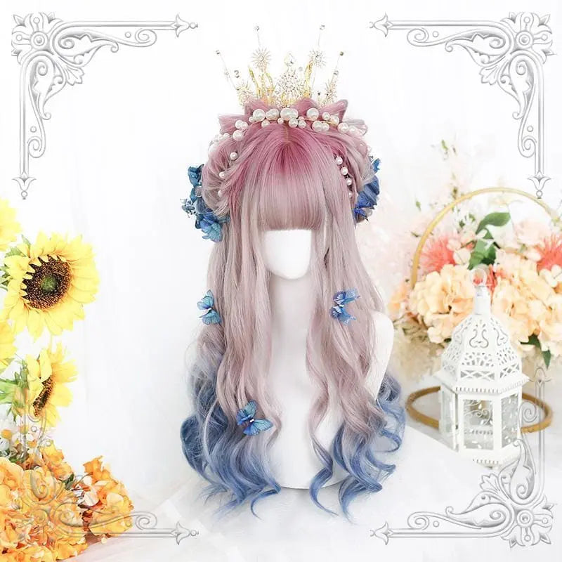 Lolita Pink Blue Gradient Long Curly Wig MK15518