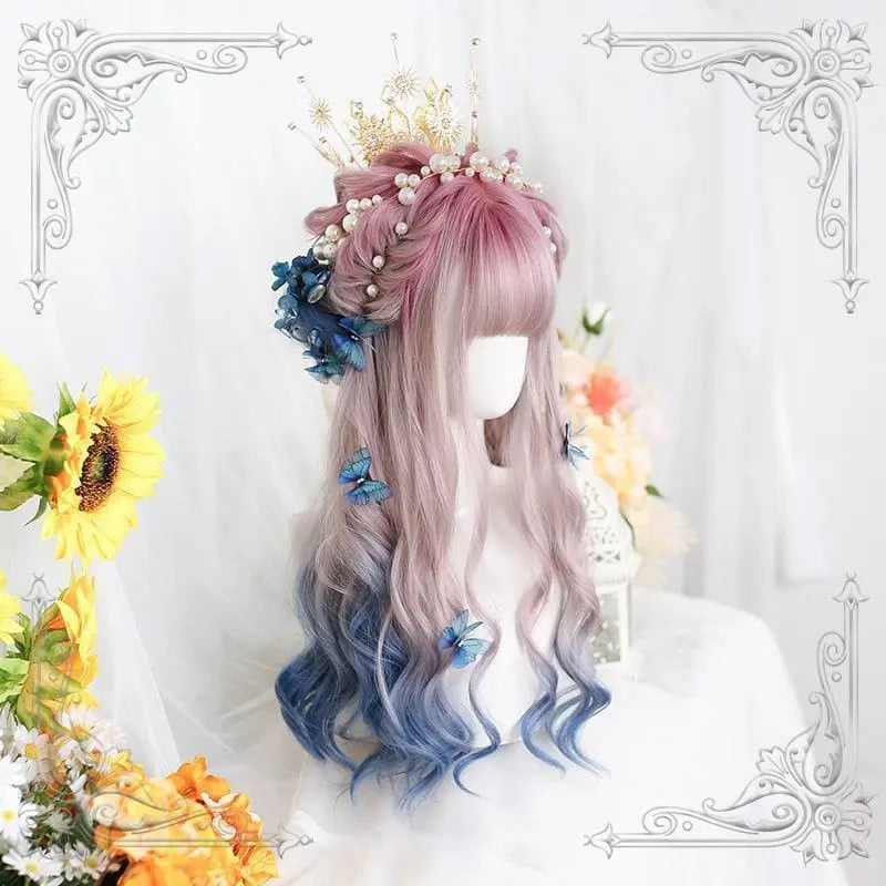 Lolita Pink Blue Gradient Long Curly Wig MK15518