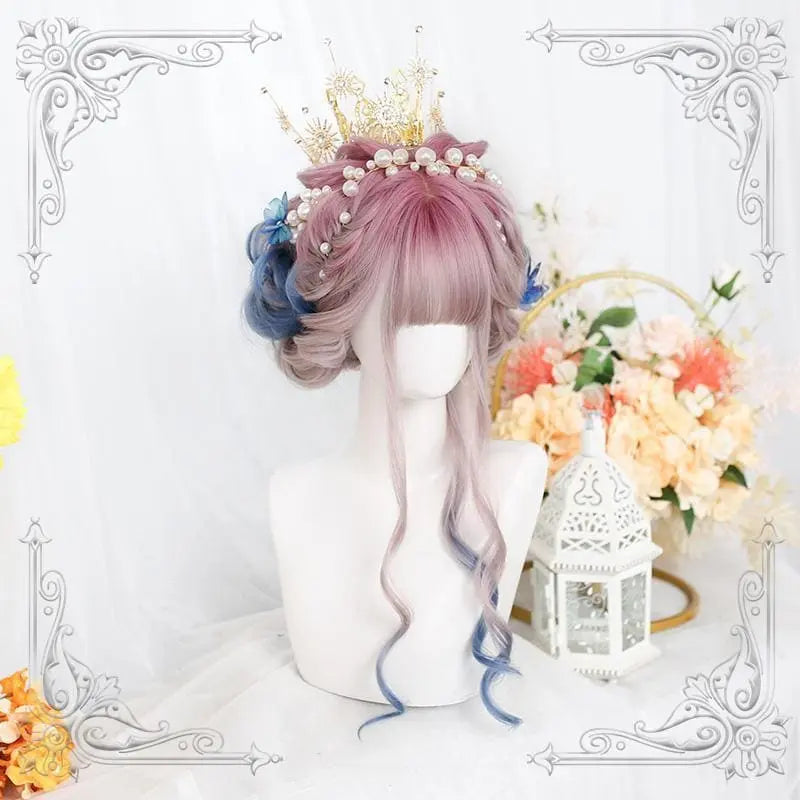 Lolita Pink Blue Gradient Long Curly Wig MK15518