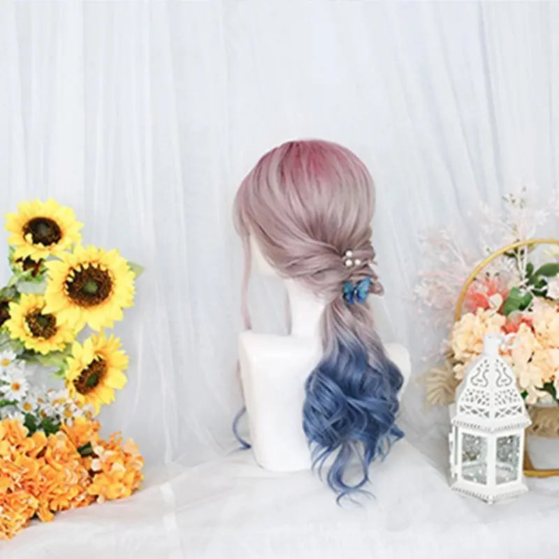 Lolita Pink Blue Gradient Long Curly Wig MK15518