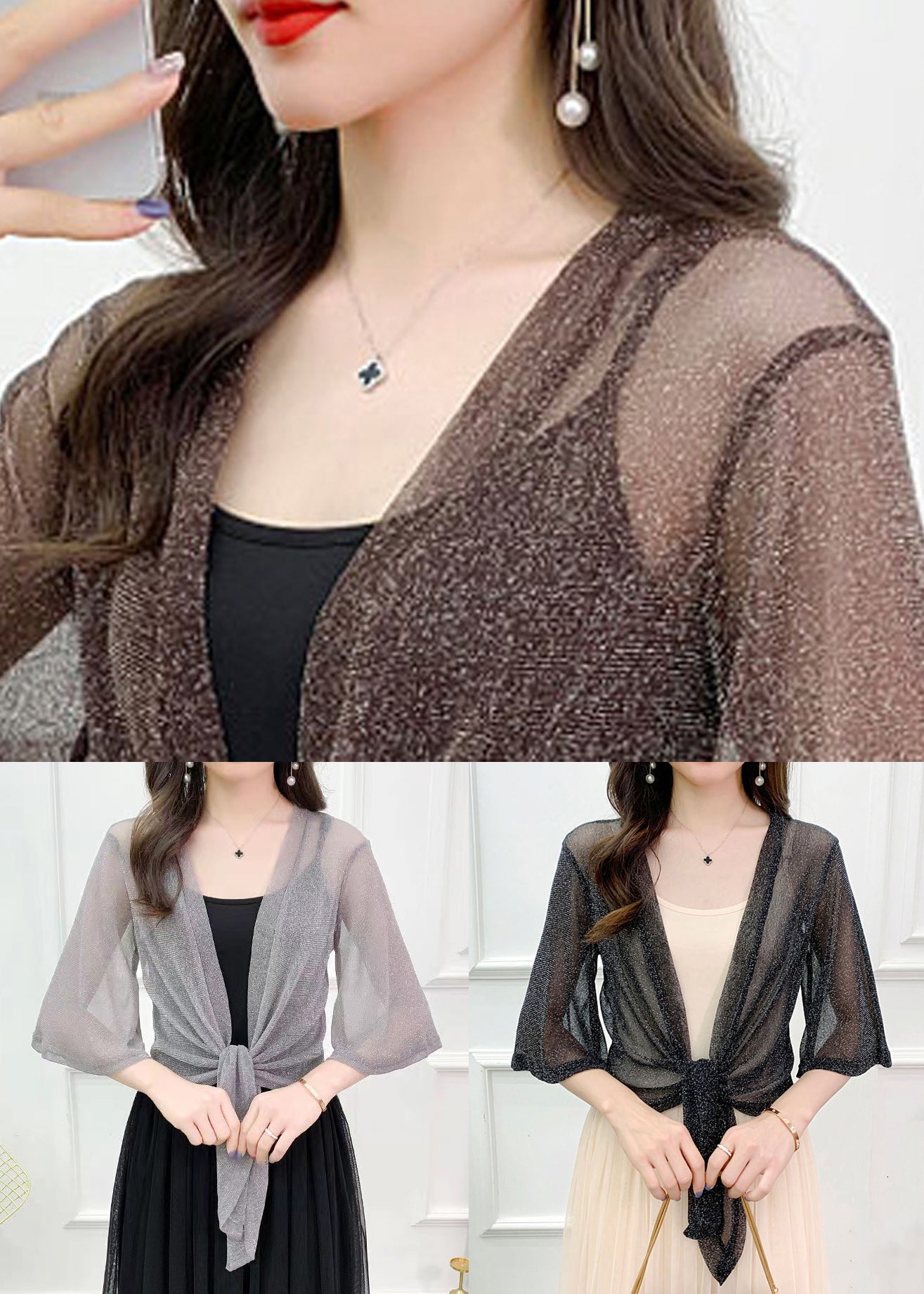 Loose Grey V Neck Lace Up Tulle Cardigans Half Sleeve AS1018