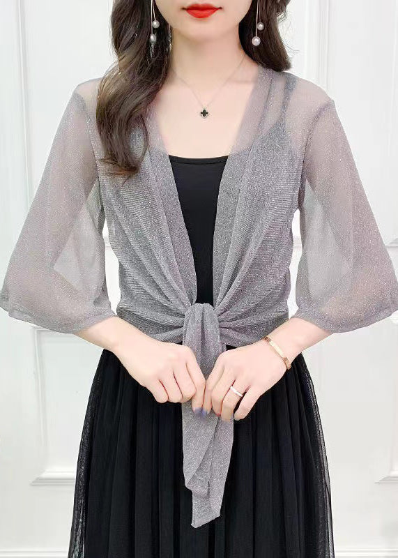 Loose Grey V Neck Lace Up Tulle Cardigans Half Sleeve AS1018