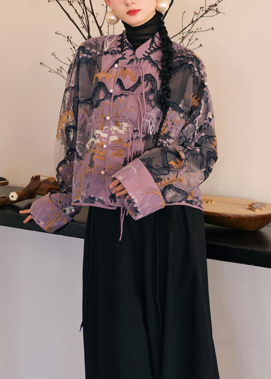 Loose Purple Embroidered Button Tulle Shirt Long Sleeve QA1030