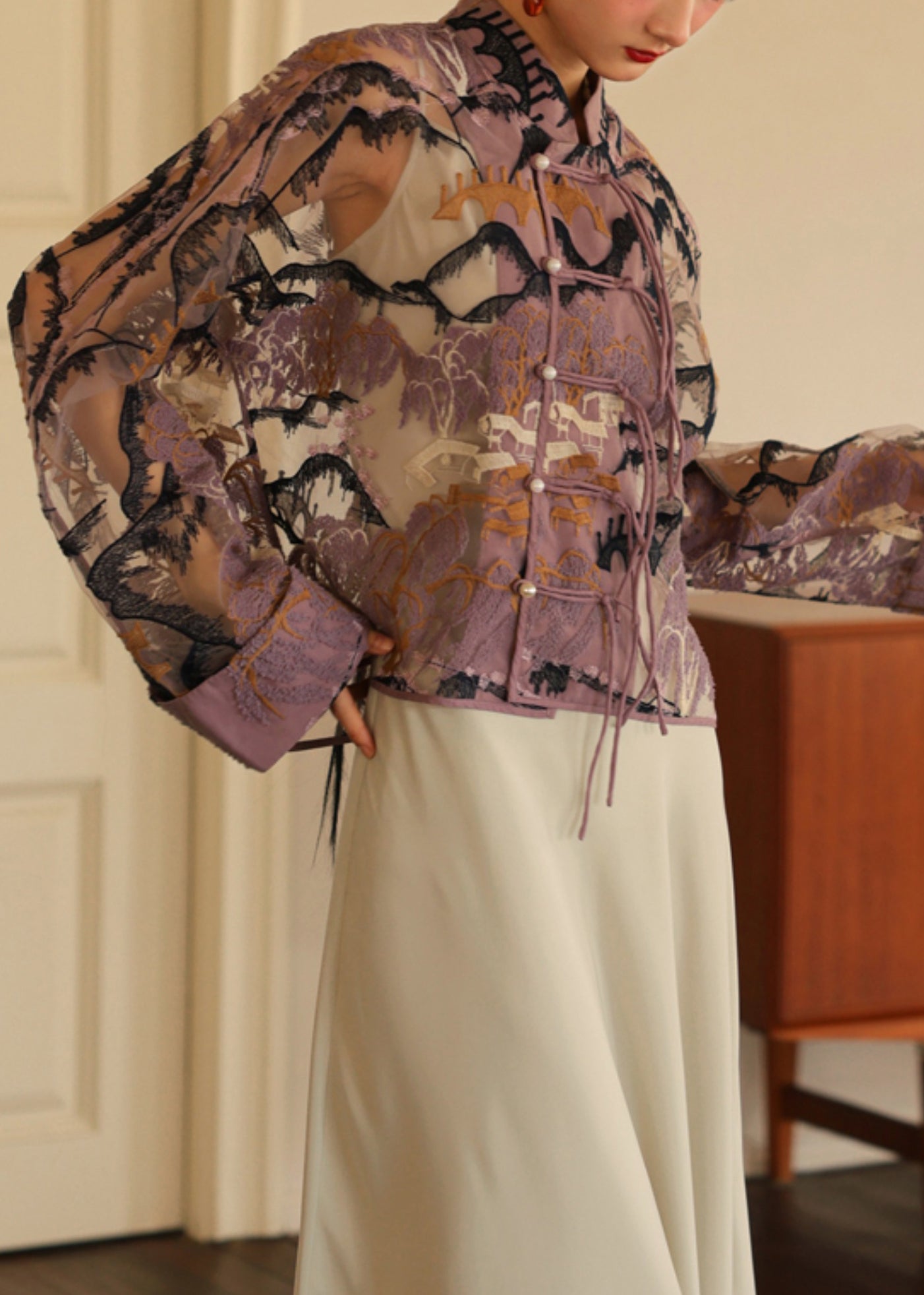 Loose Purple Embroidered Button Tulle Shirt Long Sleeve QA1030