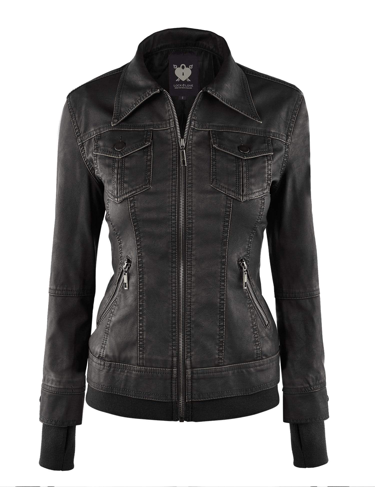 Made By Johnny MBJ Womens Faux Leather Motorcycle Jacket with Hoodie