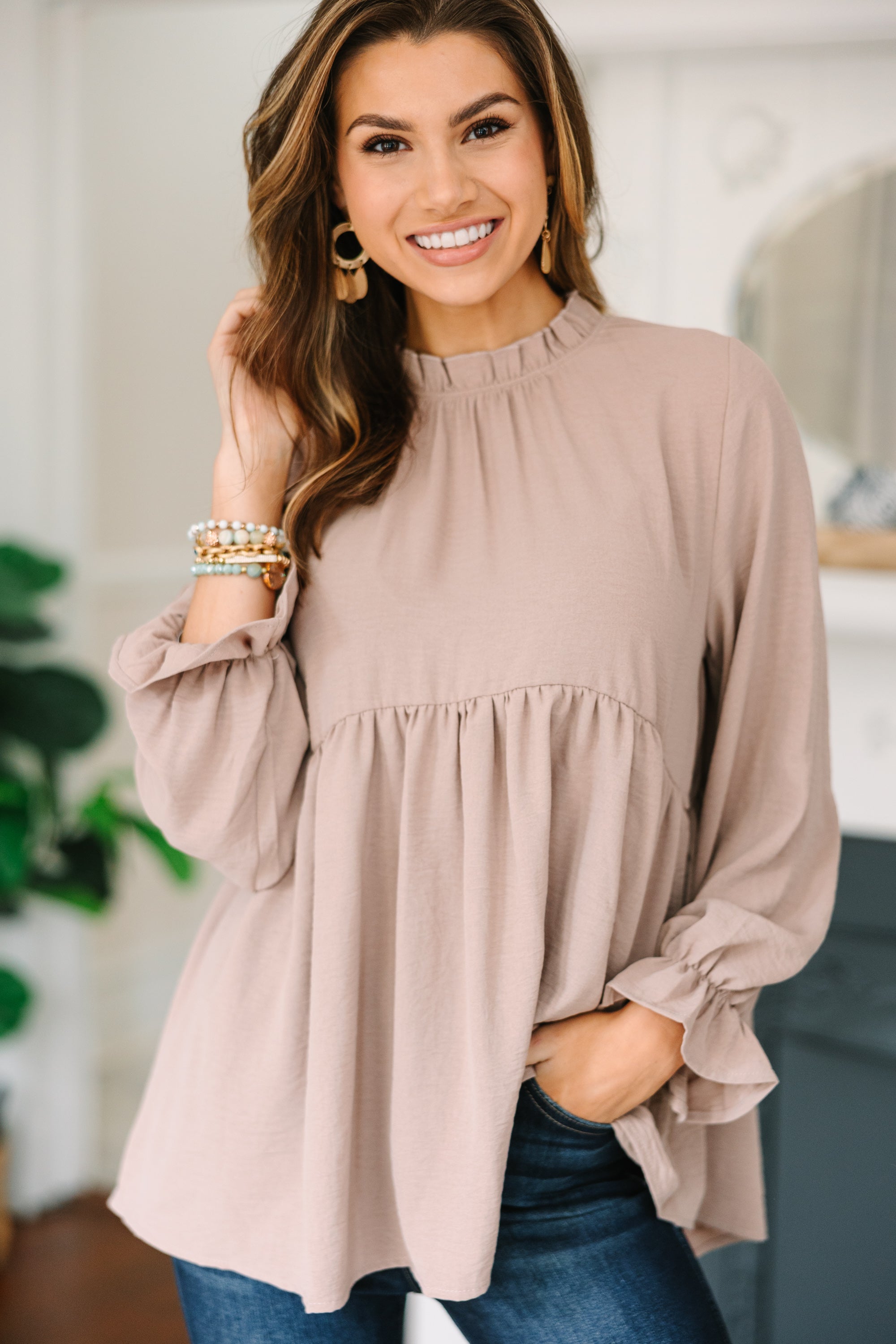 Making Moves Taupe Brown Ruffled Blouse