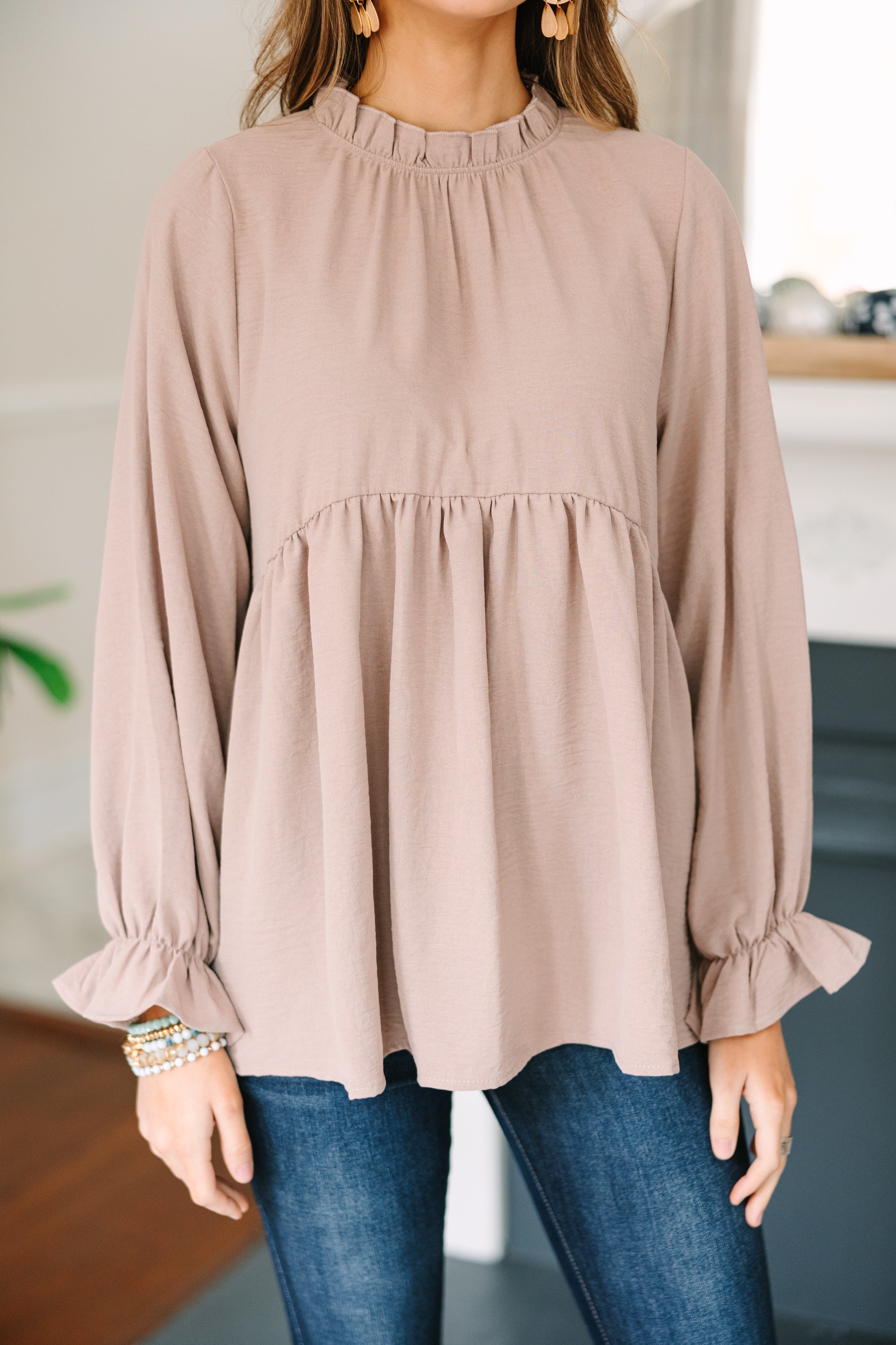 Making Moves Taupe Brown Ruffled Blouse