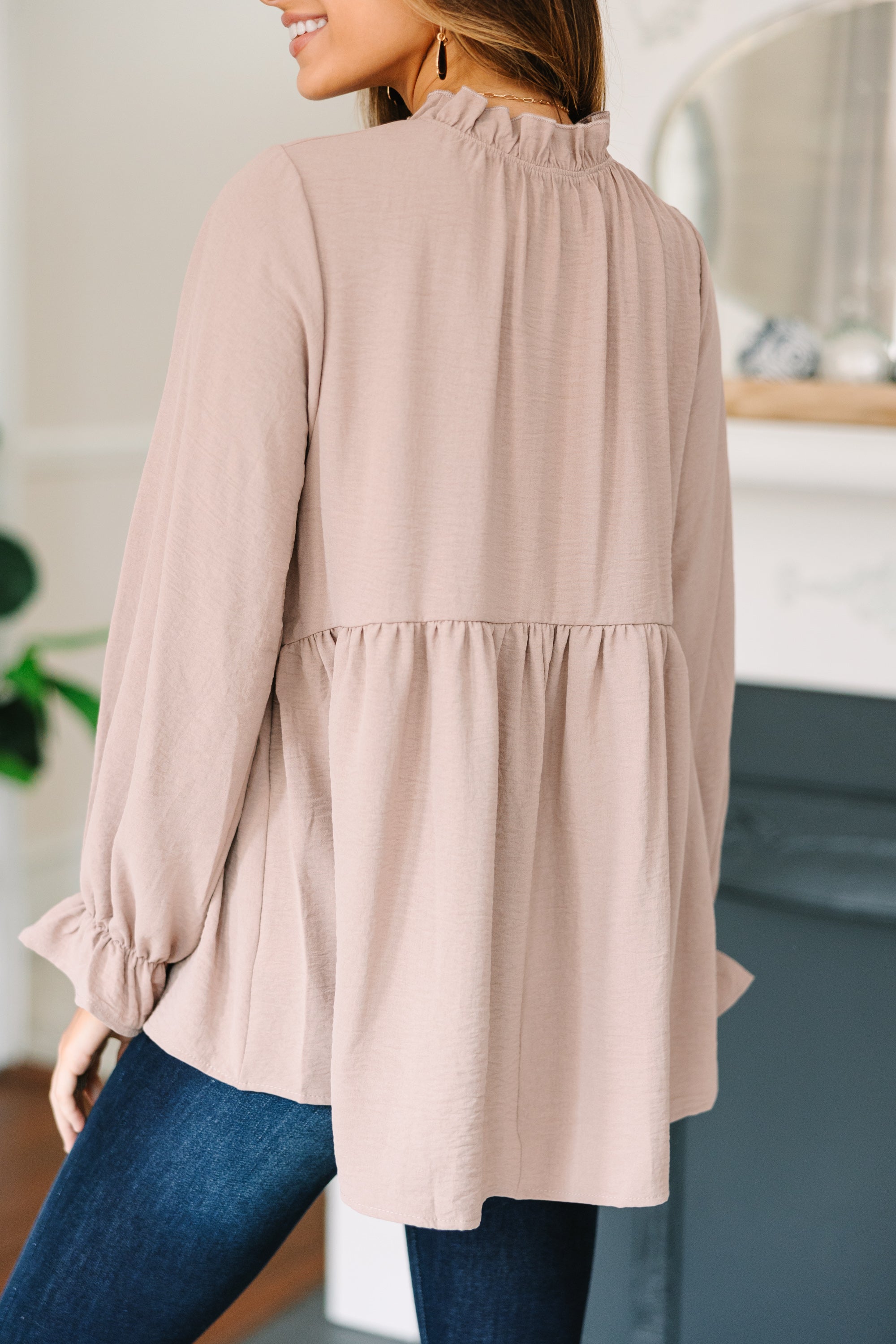 Making Moves Taupe Brown Ruffled Blouse