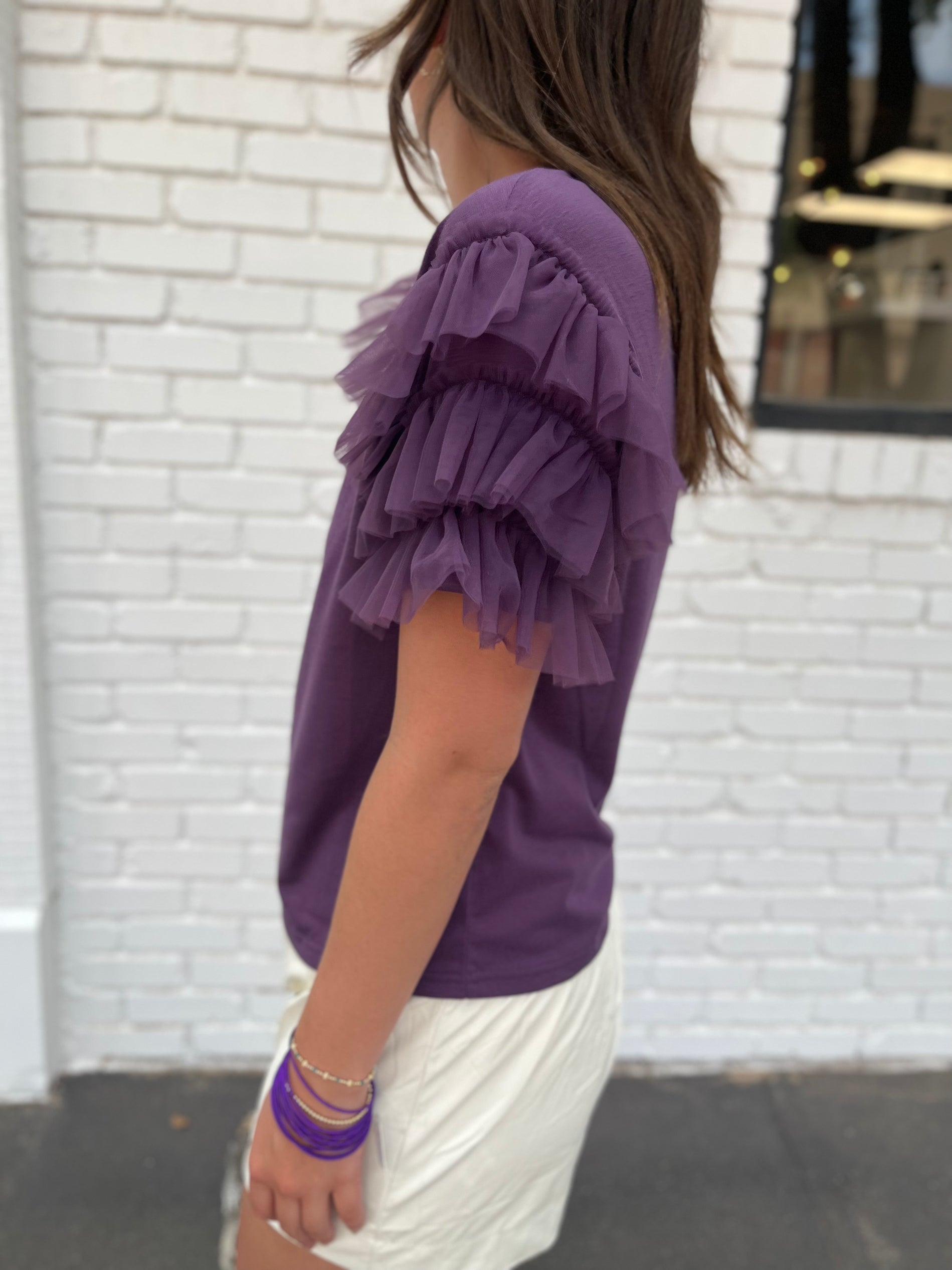 Mesh Lace Ruffled Sleeve Knit Top- Purple