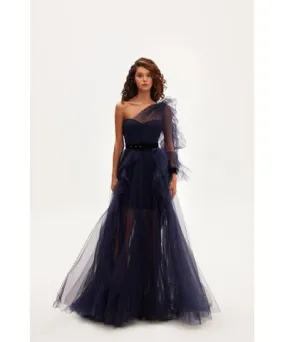 Milla Women's Royal Navy Tulle Gown With Detachable Sleeve