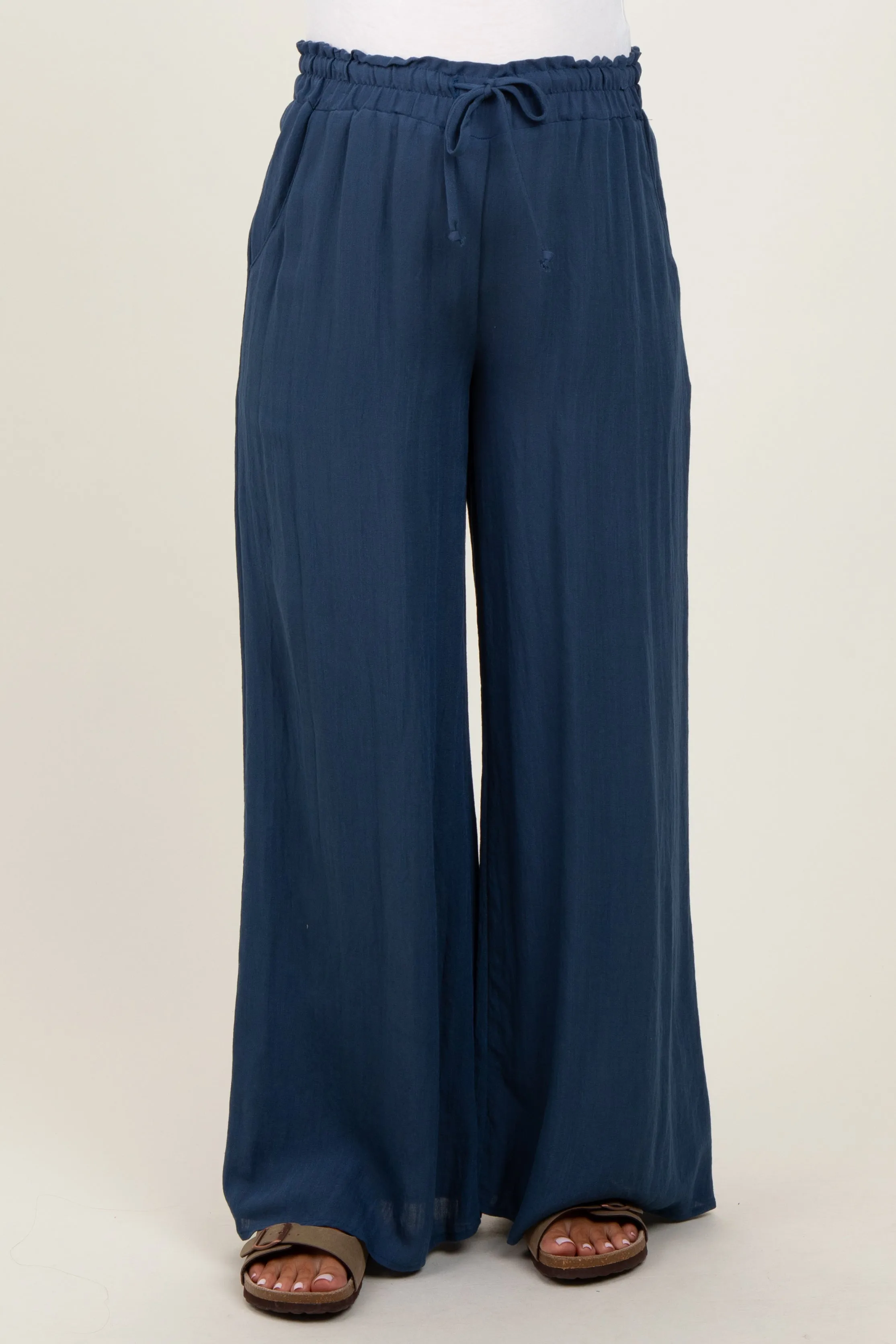 Navy Ruffled Drawstring Waist Wide Leg Maternity Pants