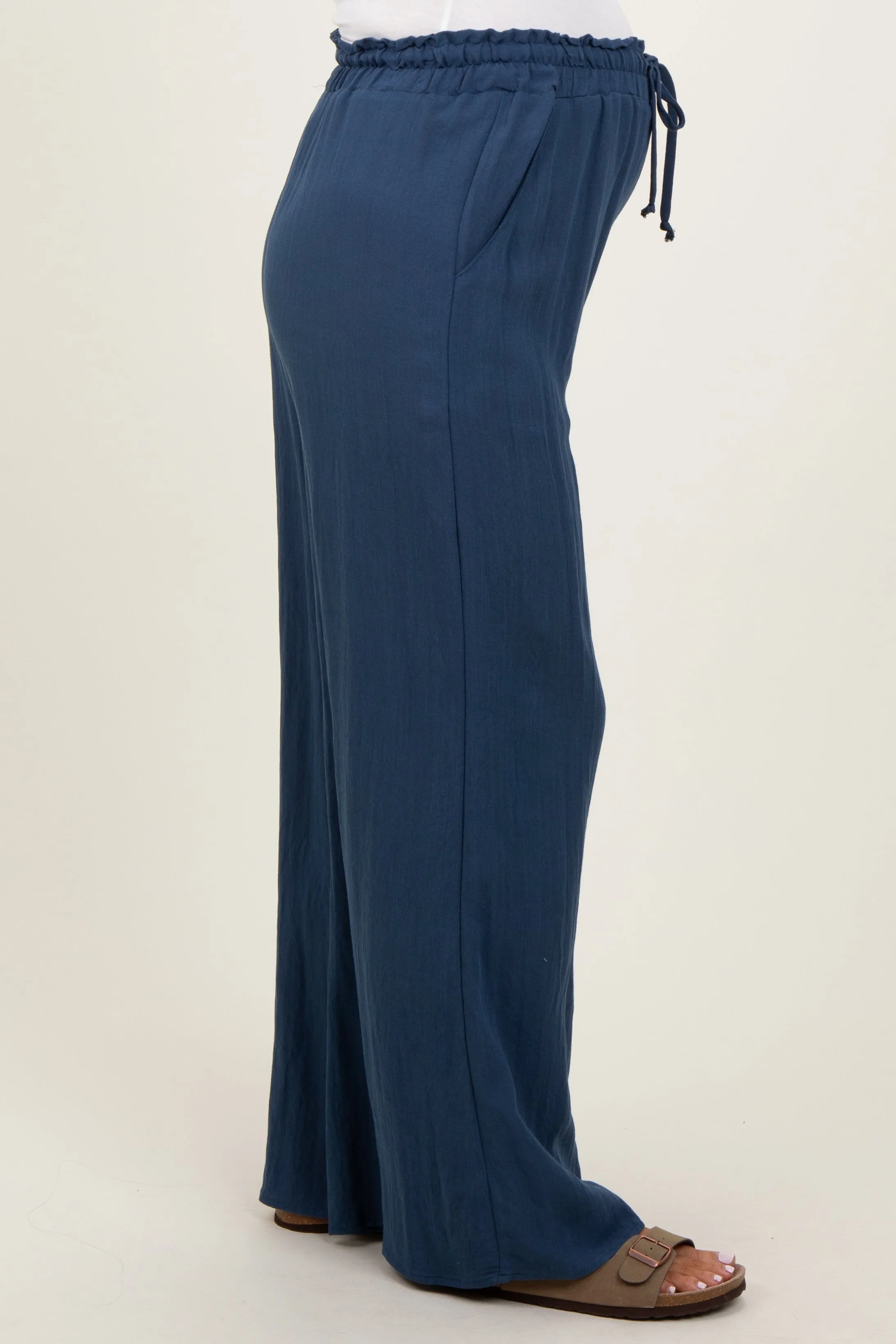 Navy Ruffled Drawstring Waist Wide Leg Maternity Pants