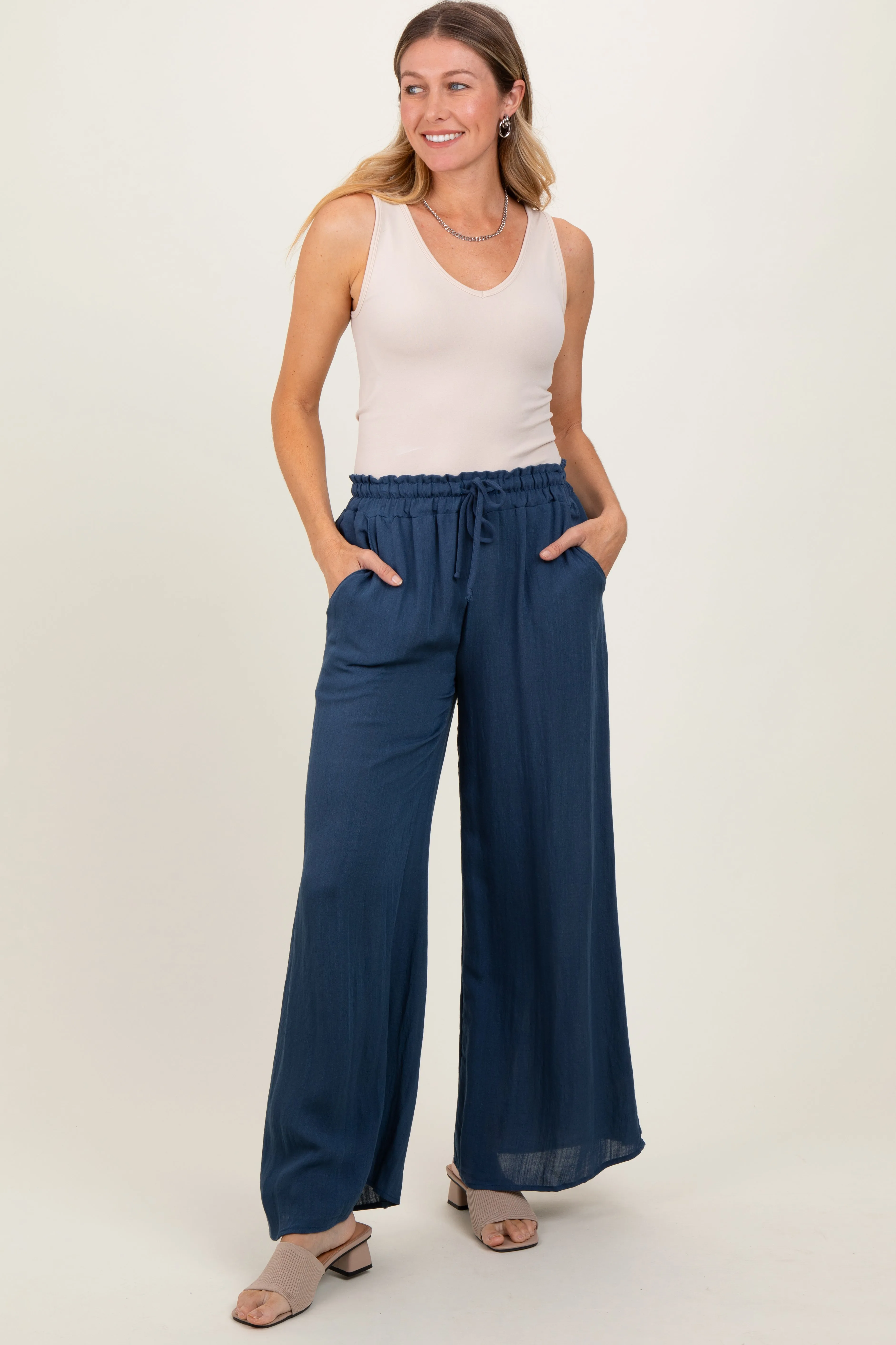 Navy Ruffled Drawstring Waist Wide Leg Maternity Pants