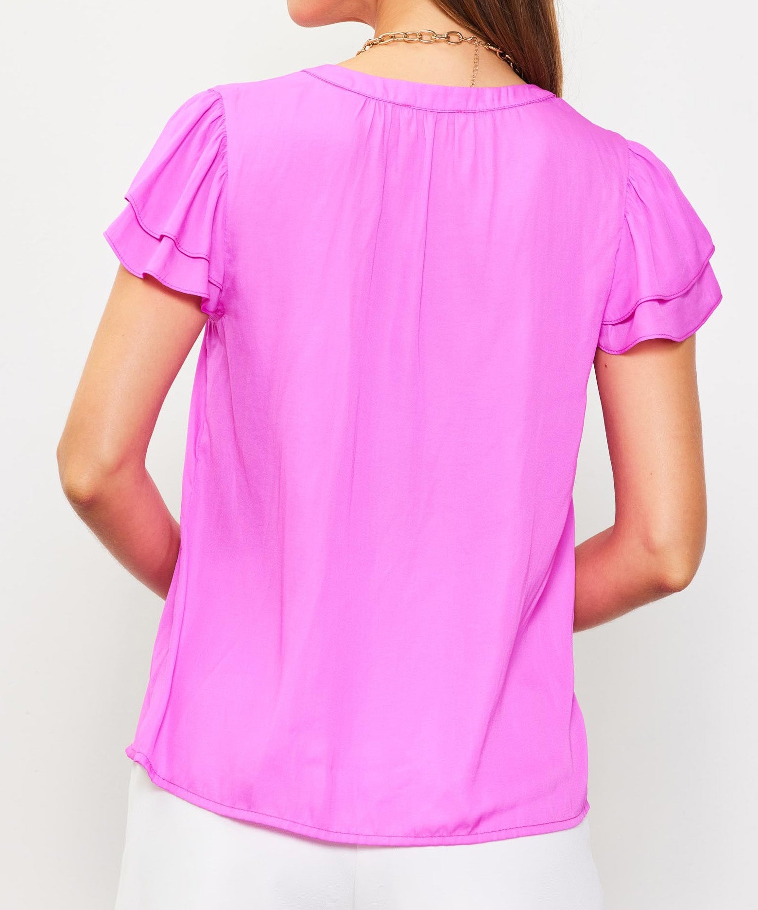 Neck Trim Detail Short Sleeve Top - Rose Violet