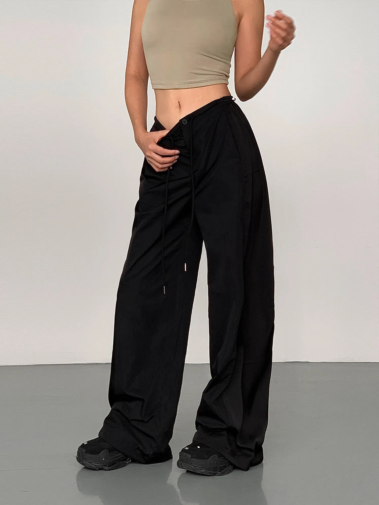 NEVA HU retro American wide-leg overalls for women 2024 new casual straight sports drawstring floor-length trousers