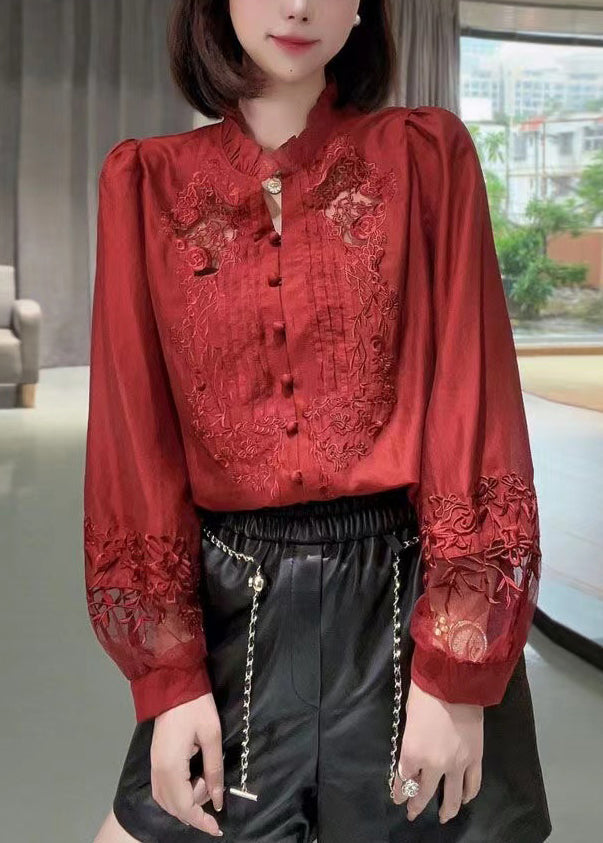 New Red Embroidered Ruffled Button Cotton Shirt Long Sleeve QA1065